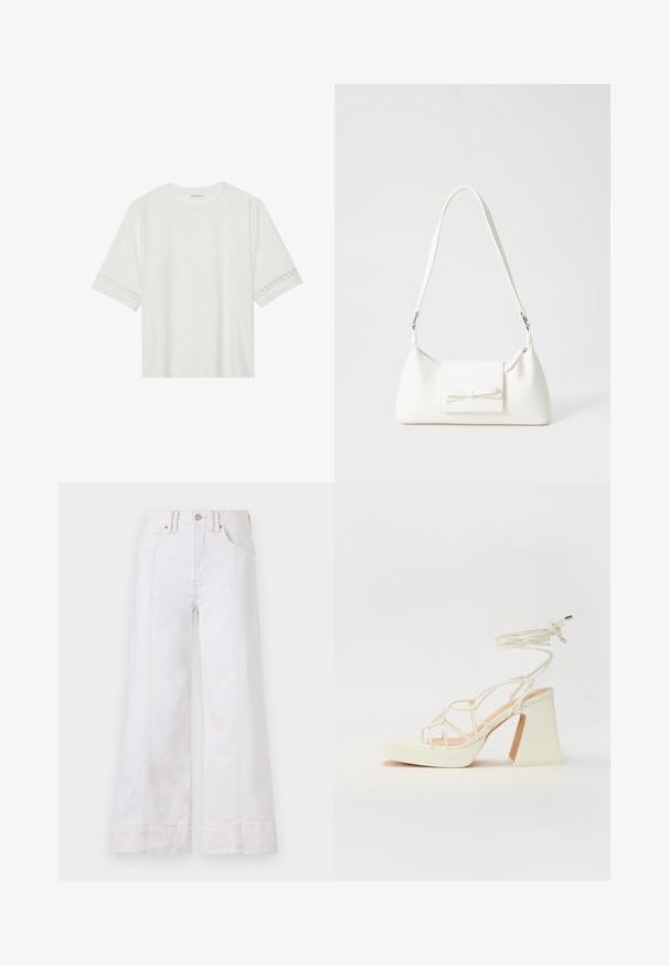 White short-sleeve t-shirt made from cotton, featuring decorative lace trim along the sleeves and a round neckline.; White wide-leg jeans made from denim, featuring visible stitching, a button closure, and front pockets. The fabric has minimal texture.; White high-heeled sandal with a chunky heel, featuring a strappy design and ankle tie. Smooth texture with a platform front for added height.; White synthetic handbag with a triangular shape, flat front flap and bow detail, adjustable strap, smooth texture, and minimalistic design.