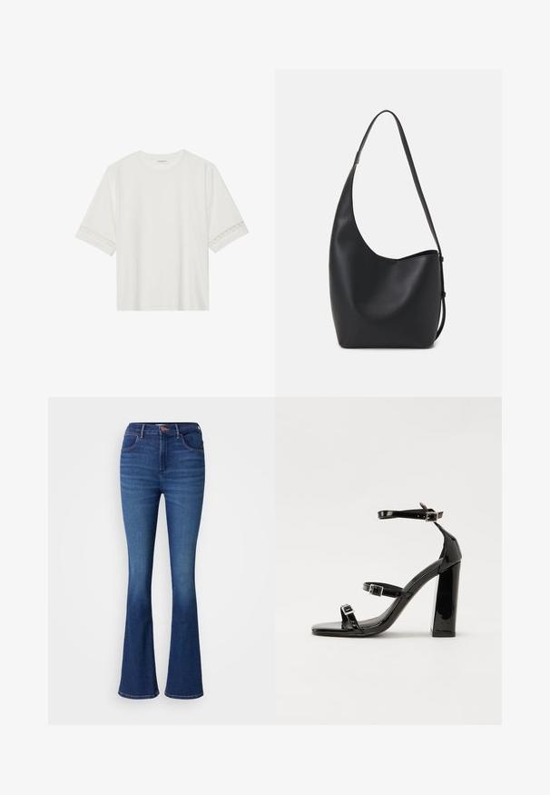 Bela kratka majica s kratkimi rokavi iz bombaža, okrašena z dekorativnim čipkastim robom ob rokavih in okroglo izrezom.; Hlače z visokim pasom in razširjenim robom v temno modrem denimu, z zasnovo petih žepov, kovinsko zapiranje na gumb in diskretno zbledelost vzdolž nog.; Črne lakirane sandale s peto, kvadratnim prstom, trakovi okrog gležnja in srebrnimi zaponkami. Opremljene so s stabilno Debelo peto.; Črna usnjena hobo torba z gladko teksturo, ukrivljeno obliko in eno nastavljivo naramnico; ima širok odprtina na vrhu.