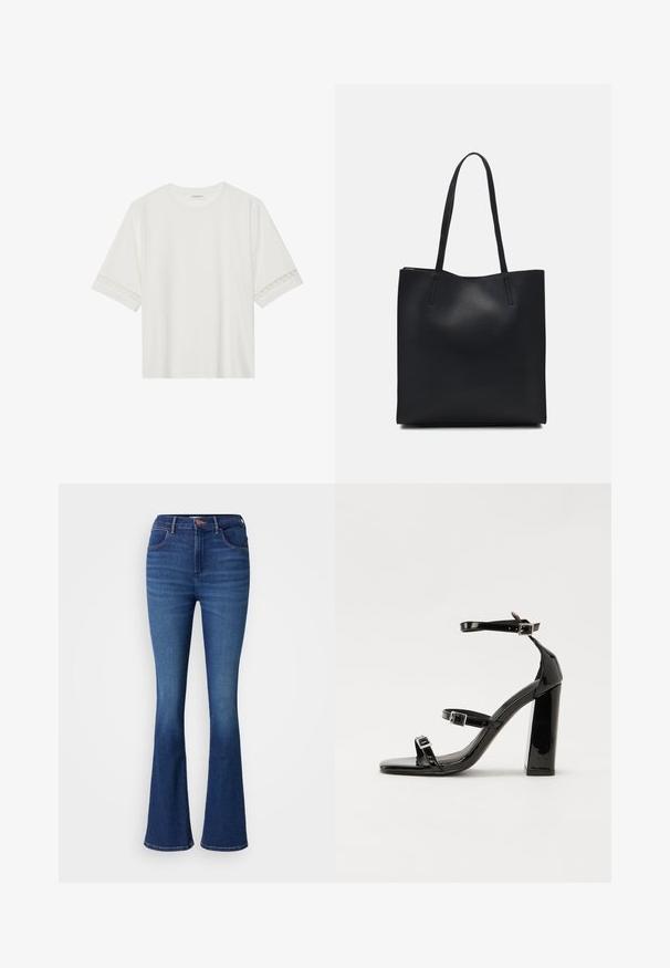 Valkoinen lyhythihainen t-paita, joka on valmistettu puuvillasta ja jossa on koristeellinen pitsireunus hihojen ympärillä sekä pyöreä pääntie.; Korkeavyötäröiset levenevät farkut tummansinisestä denimistä, viiden taskun muotoilu, metallinen nappikiinnitys ja hillitty haalistuminen lahkeissa.; Musta kiiltävä korkokenkä sandaalit neliönmuotoisella varpaalla, nilkkaremmillä ja hopeisilla soljilla. Varustettu tukevalla lohkokorkealla vakauden takaamiseksi.; Mustapahkainen kangaskassi, jossa on sileä pinta, suorakaiteen muotoinen ja kaksi pitkää kahvaa. Ei näkyvää metalliosaa tai koristeita.