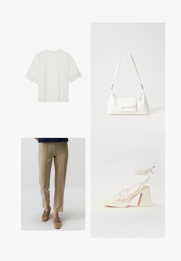 Witte korte mouwen t-shirt van katoen, met een decoratieve kantafwerking langs de mouwen en een ronde halslijn.; Beige op maat gemaakte broek met een gladde textuur, rechte voorkant en subtiele zijsplitten aan de zoom, gecombineerd met lichtbeige instap schoenen.; Witte hoge hakken sandaal met een chunky hak, met een bandjesontwerp en enkelband. Gladde textuur met een plateau voor extra hoogte.; Witte synthetische handtas met een driehoekige vorm, platte voorklep en strikdetail, verstelbare schouderriem, gladde textuur en minimalistisch ontwerp.