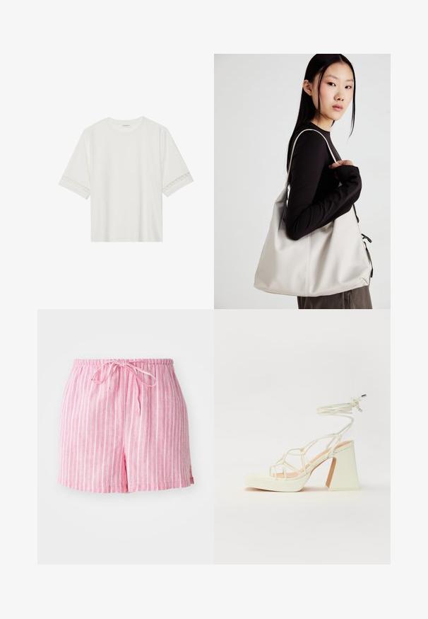 Hvit t-skjorte med kort erme laget av bomull, med dekorativ blondekant langs ermene og en rund halslinning.; Rosa stripete shorts med elastisk midjebånd og snor, laget av lett stoff og med en avslappet passform. Utsmykket med sidesplitter.; Hvit høyhælte sandal med kraftig hæl, med en stroppe-design og ankelbånd. Glatt tekstur med plattform foran for ekstra høyde.; Beige håndveske laget av mykt materiale, med en slapp design, sydd detaljer og to skulderstropper. Passer for daglig bruk.