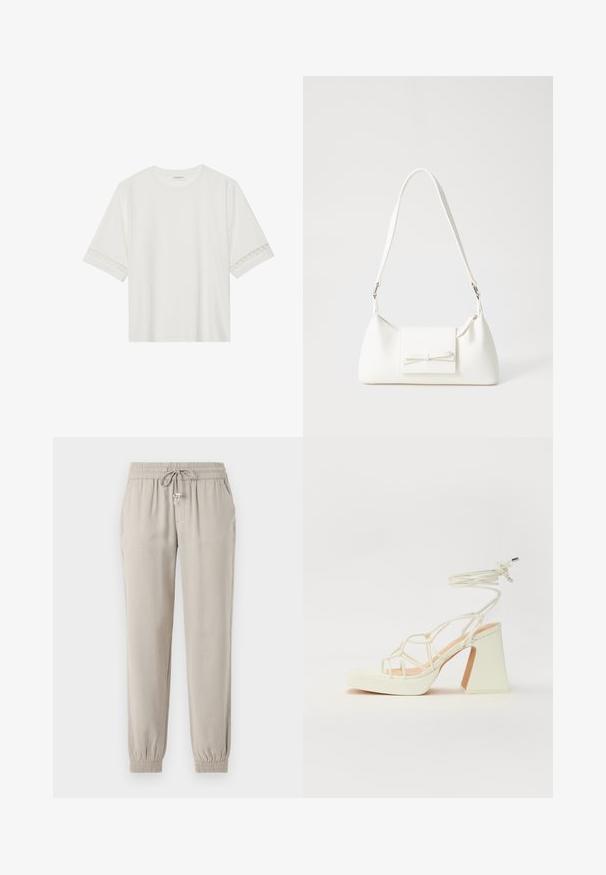 Fehér, rövid ujjas póló, pamutból készült, díszes csipkés szegéllyel az ujjak mentén és kerek nyakkivágással.; Világos bézs színű, puha anyagból készült jogger nadrág, rugalmas derékkal, zsinórral, oldalsó zsebekkel és rugalmas mandzsettákkal.; Fehér, magassarkú szandál vastag sarokkal, pántos dizájnnal és bokapánttal. Sima textúra, elülső platformmal a megnövelt magasság érdekében.; Fehér szintetikus kézitáska, háromszög alakú, lapos előlap, masni részlettel, állítható pánttal, sima textúrával és minimalista dizájnnal.