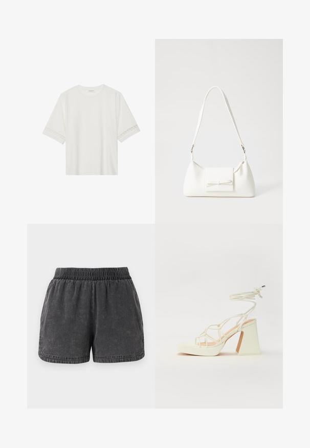 T-shirt branco de manga curta feito de algodão, com bainha de renda decorativa nas mangas e decote redondo.; Bermuda de ganga preta com um cós elástico, textura subtil e bolsos laterais; um corte relaxado com uma bainha a terminar logo acima das coxas.; Sandálias brancas de salto alto com um salto robusto, apresentando um design com tiras e amarração no tornozelo. Textura suave com uma plataforma na frente para altura adicional.; Mala sintética branca com formato triangular, aba frontal plana e detalhe de laço, alça ajustável, textura suave e design minimalista.