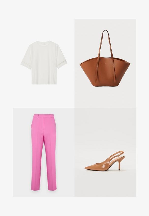 Hvit t-skjorte med kort erme laget av bomull, med dekorativ blondekant langs ermene og en rund halslinning.; Rosa skreddersydde bukser med en glatt tekstur, flat front og sidelommer. Har rett ben-design og beltehemper.; Spiss tå slingback hæl i et glat, glinsende brunt materiale. Har et buet utskårent design og en slank stilett hæl. Sølvspenne detalj.; Brun skinn totebag med en bred, strukturert form, tynne håndtak og en teksturert overflate. Har et minimalistisk design uten synlige detaljer.