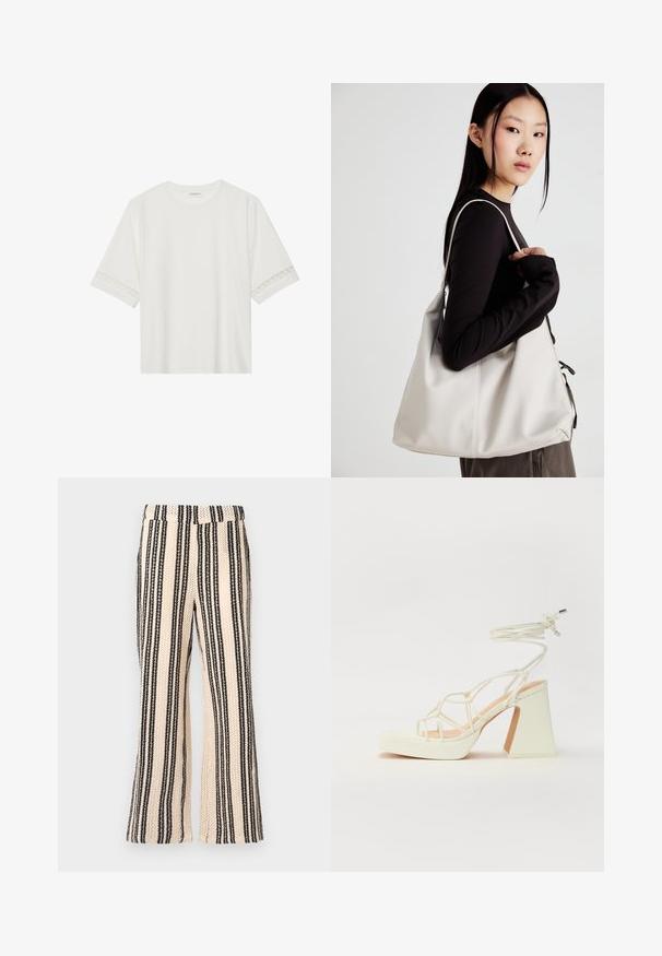 White short-sleeve t-shirt made from cotton, featuring decorative lace trim along the sleeves and a round neckline.; Striped trousers in a cream and black colorway, featuring a wide-leg design and textured fabric with a woven pattern.; White high-heeled sandal with a chunky heel, featuring a strappy design and ankle tie. Smooth texture with a platform front for added height.; Beige handbag made of soft material, featuring a slouchy design, stitched detailing, and two shoulder straps. Suitable for everyday use.