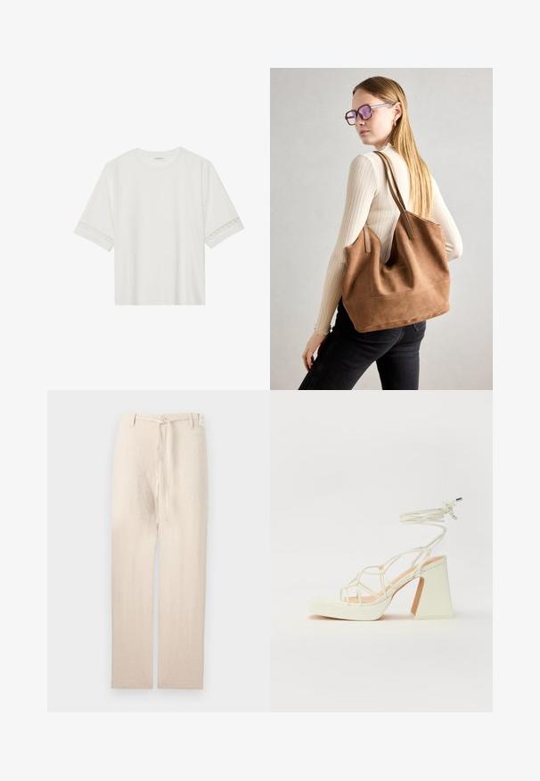 T-shirt branco de manga curta feito de algodão, com bainha de renda decorativa nas mangas e decote redondo.; Calças de linho bege com um design de perna reta, apresentando um fecho de botão e uma faixa de tecido na cintura, conferindo uma aparência leve e texturada.; Sandálias brancas de salto alto com um salto robusto, apresentando um design com tiras e amarração no tornozelo. Textura suave com uma plataforma na frente para altura adicional.; Bolsa tote em camurça castanha com textura suave, grande abertura e alças longas. Apresenta um design simples com costuras visíveis e sem acessórios.