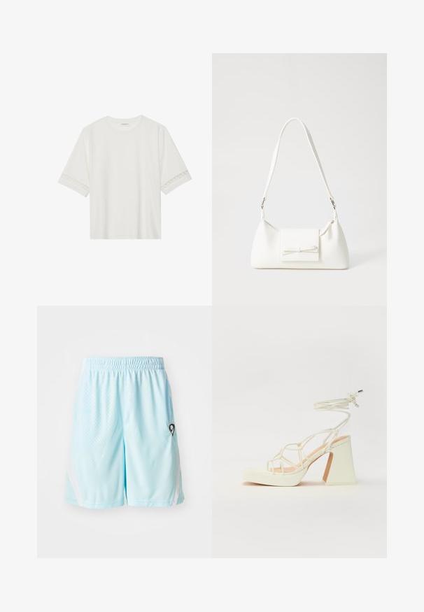 Balta īsām piedurknēm T-kreklu, izgatavotu no kokvilnas, ar dekoratīvu mežģīņu apdari ap piedurknēm un apaļu kakla izgriezumu.; Gaiši zili sporta šorti ar elpojošu audumu, elastīgu jostu, sānu kabatām un smalku šaha rakstu. Melna logo detaļa.; Baltas augstpapēžu sandales ar masīvu papēdi, ar siksnu dizainu un potītes saistītiem elementiem. Gluda tekstūra ar platformu priekšpusē, lai nodrošinātu papildu augstumu.; Balta sintētiska soma ar trīsstūrveida formu, plakanu priekšējo vāciņu un loku detaļu, regulējamu siksnu, gludu tekstūru un minimālistisku dizainu.