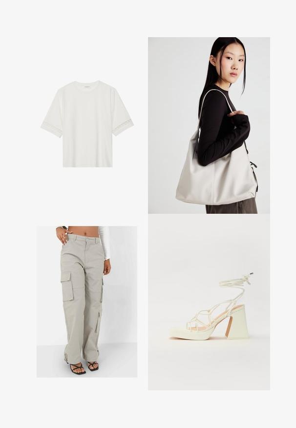 Weißes T-Shirt mit kurzen Ärmeln aus Baumwolle, mit dekorativem Spitzenbesatz entlang der Ärmel und einem runden Ausschnitt.; Cargo-Hosen in einem hellbeigen Farbton, aus einem strapazierfähigen Material gefertigt. Sie verfügen über weite Beine, mehrere Seitentaschen und eine lockere Passform mit Hardware-Akzenten.; Weiße High-Heel-Sandale mit einem klobigen Absatz, die über ein Riemchendesign und ein Knöchelband verfügt. Glatte Textur mit einer Plattform vorne für zusätzliche Höhe.; Beige Handtasche aus weichem Material, mit einem lässigen Design, gesteppten Details und zwei Schulterriemen. Geeignet für den täglichen Gebrauch.