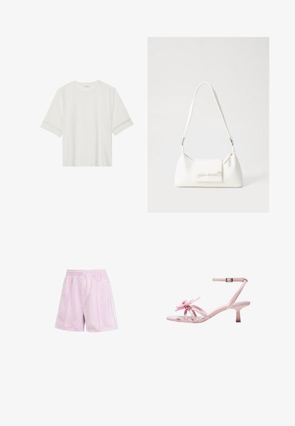 Bela kratka majica s kratkimi rokavi iz bombaža, okrašena z dekorativnim čipkastim robom ob rokavih in okroglo izrezom.; Svjetloružičaste atletske kratke hlače od glatkog materijala, s elastičnim pojasom i bijelim bočnim trakama, te malim bijelim logotipom sprijeda.; Roza patenetna usnjena sandala s peto z cvetnim poudarkom na prstu, z nastavljivim trakom okoli gležnja in tanjšim, kratkim petkom.; Bela sintetična torbica v obliki trikotnika, z ravnim sprednjim poklopcem in detajlom mašne, nastavljivim trakom, gladko teksturo in minimalističnim dizajnom.