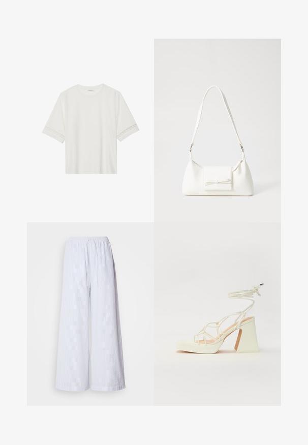 T-shirt branco de manga curta feito de algodão, com bainha de renda decorativa nas mangas e decote redondo.; Calças largas brancas com riscas azul claras, apresentando uma cintura elástica com cordão e um tecido texturizado.; Sandálias brancas de salto alto com um salto robusto, apresentando um design com tiras e amarração no tornozelo. Textura suave com uma plataforma na frente para altura adicional.; Mala sintética branca com formato triangular, aba frontal plana e detalhe de laço, alça ajustável, textura suave e design minimalista.