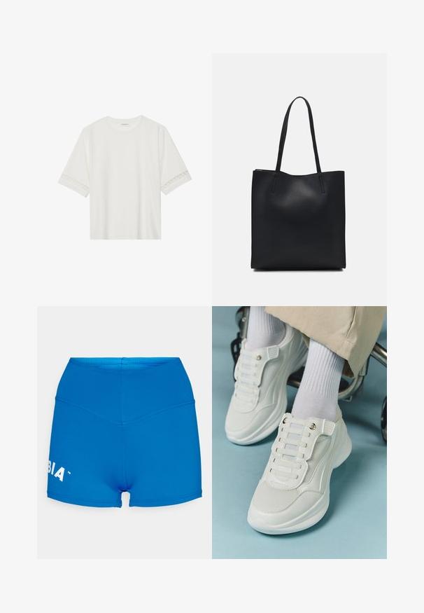 White short-sleeve t-shirt made from cotton, featuring decorative lace trim along the sleeves and a round neckline.; Blue high-waisted shorts made from stretchy fabric with a smooth texture. Features a logo on the left leg and seamless construction.; White sneakers featuring a mesh material, rubber sole, lace-free design with elastic bands, and gold-toned accents.; Black leather tote bag with smooth texture, rectangular shape, and two long handles. No visible hardware or embellishments.