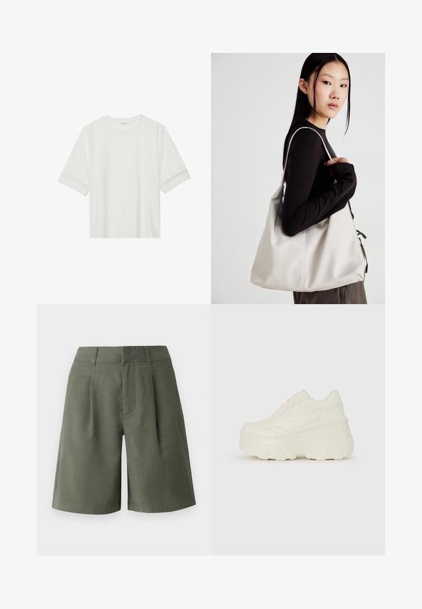 White short-sleeve t-shirt made from cotton, featuring decorative lace trim along the sleeves and a round neckline.; Green shorts made from a textured fabric. Features front pleats, side pockets, and a straight cut, with a hem just above the knee.; White platform sneakers featuring a smooth leather-like upper, rounded shape, padded collar, and textured rubber sole with defined treads.; Beige handbag made of soft material, featuring a slouchy design, stitched detailing, and two shoulder straps. Suitable for everyday use.