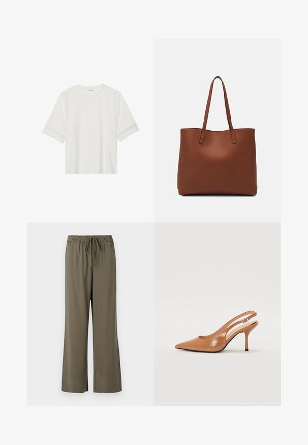 Balta īsām piedurknēm T-kreklu, izgatavotu no kokvilnas, ar dekoratīvu mežģīņu apdari ap piedurknēm un apaļu kakla izgriezumu.; Oliņu zaļas platās bikses ar elastīgu jostu un auklu. Izgatavotas no mīksta, viegla auduma ar gludu tekstūru.; Izteikts pirksta siksnas zābaks, izgatavots no gludas, spīdīgas brūnas materiāla. Piedāvā izliekta izgriezuma dizainu un smalku stiletto papēdi. Sudraba sprādze.; Brūna ādas iepirkumu soma ar gludu tekstūru, atvērta augšdaļa un divas plecu siksnas. Izceļas ar minimālām šuvēm un redzamu aparatūru nav.