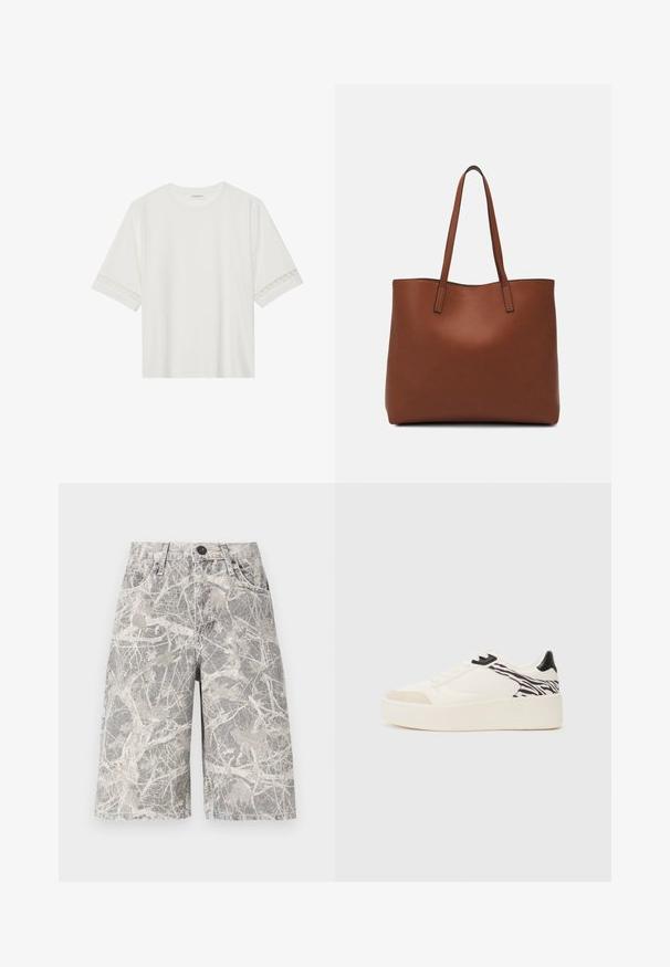 T-shirt branco de manga curta feito de algodão, com bainha de renda decorativa nas mangas e decote redondo.; Calções de ganga com padrão camuflado em tons de cinza e bege, apresentando um clássico design de cinco bolsos e fecho de botão metálico.; Even&Odd Sapatilhas - white/black; Bolsa tote de couro castanho com uma textura suave, design de abertura superior e duas alças para o ombro. Apresenta costura mínima e sem hardware visível.
