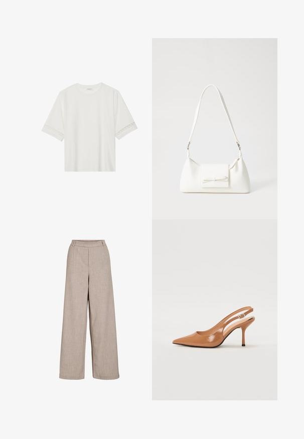 Witte korte mouwen t-shirt van katoen, met een decoratieve kantafwerking langs de mouwen en een ronde halslijn.; Beige wijde broek gemaakt van lichtgewicht stof. Heeft een gladde textuur, een aansluitende taille en zijzakken voor functionele details.; Puntige slingback hak in een glad, glanzend beige materiaal. Bevat een gebogen uitsnijdontwerp en een slanke stiletto hak. Zilveren gesp detail.; Witte synthetische handtas met een driehoekige vorm, platte voorklep en strikdetail, verstelbare schouderriem, gladde textuur en minimalistisch ontwerp.