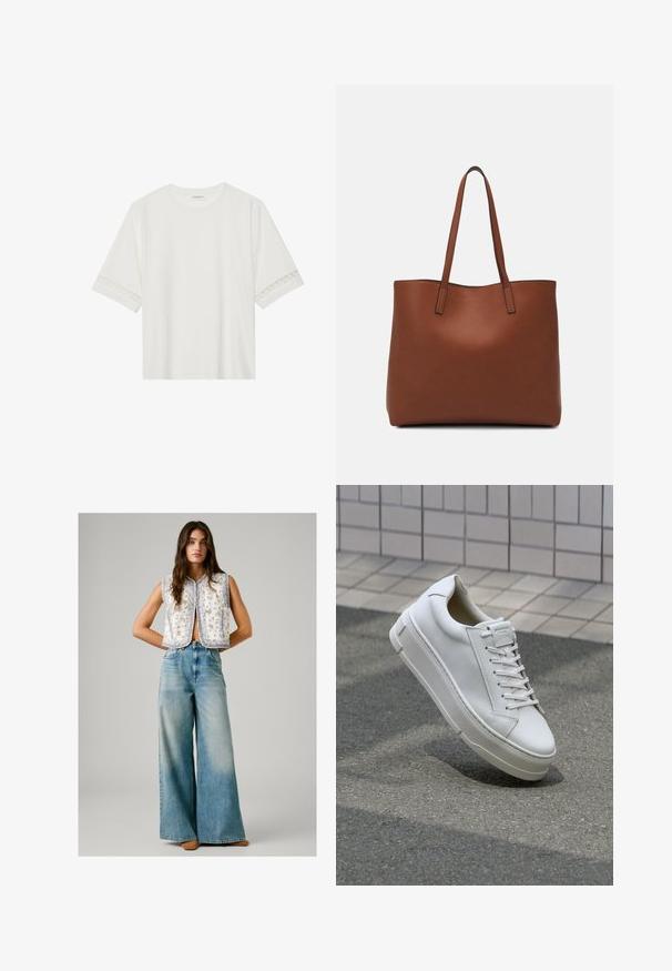 T-shirt branco de manga curta feito de algodão, com bainha de renda decorativa nas mangas e decote redondo.; Mulher vestindo um colete sem mangas branco com padrão floral, combinado com jeans larga de cintura alta em tom azul desbotado e sapatos castanhos, de pé com as mãos atrás das costas.; Sapatilhas de couro branco com um design de baixo, atacadores planos, bico arredondado e lados texturizados. Sola de borracha espessa com detalhes subtis.; Bolsa tote de couro castanho com uma textura suave, design de abertura superior e duas alças para o ombro. Apresenta costura mínima e sem hardware visível.