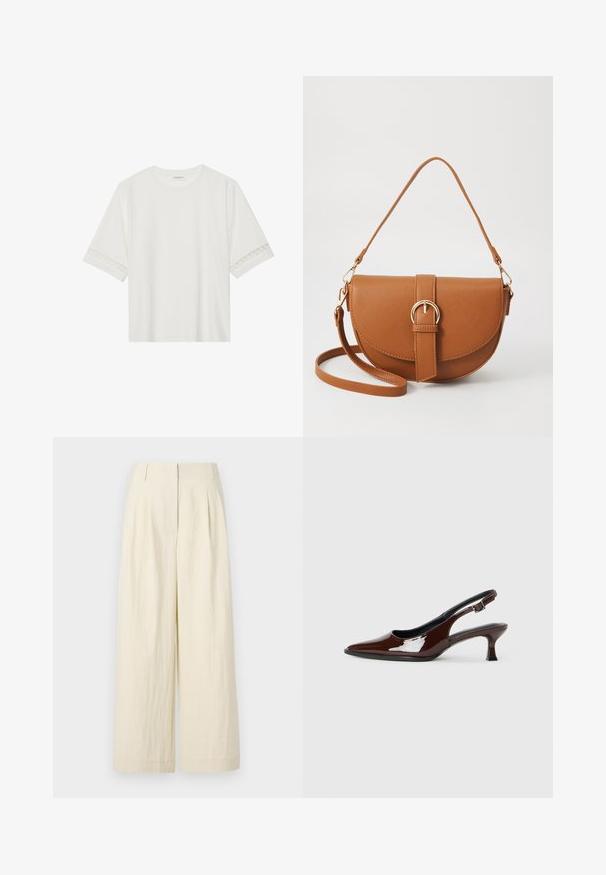Camiseta blanca de manga corta hecha de algodón, con un ribete decorativo de encaje en las mangas y un escote redondo.; Pantalones de pierna ancha color crema hechos de una tela texturada. Presentan pliegues delanteros y una cintura alta, ofreciendo un ajuste holgado en toda su extensión.; Zapato slingback de charol marrón con punta afilada y tacón moderado. Cuenta con una correa con hebilla para un ajuste seguro. Textura suave.; Bolso bandolera de cuero marrón con forma curvada, herrajes dorados y un acento de hebilla. Incluye una correa de hombro desmontable.