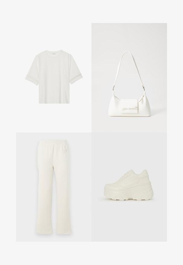 Bjela majica kratkih rukava od pamuka, s dekorativnom čipkastom obrubom duž rukava i okruglim izrezom.; Kremaste trenerke s elastičnom sredinom i suptilnim "GAP" logom na gornjem lijevom kuku, prikazane na bijeloj pozadini.; Bijele platformske tenisice s glatkim gornjim dijelom koji nalikuje koži, zaobljenim oblikom, podstavljenim okvirom i teksturiranim gumeni potplat s definiranom profilacijom.; Bijela sintetička torbica s trokutastim oblikom, ravnim prednjim poklopcem i detaljem u obliku mašne, podesivom remenom, glatkom teksturom i minimalističkim dizajnom.
