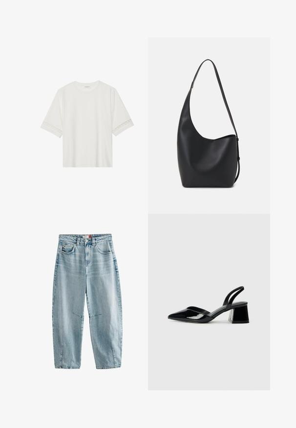 Vit kortärmad t-shirt i bomull, med dekorativa spetsdetaljer längs ärmarna och rund halsringning.; Ljusblå denimjeans med hög midja, avslappnad passform, två framfickor, subtil blekning och sprund på fållen.; Svarta lackläder slingback klackar med spetsig tå och geometrisk klack. Har en elegant, minimalistisk design och slät yta.; Svart läder hobo-väska med en slät textur, kurvig form och en justerbar axelrem; har en bred öppning upptill.