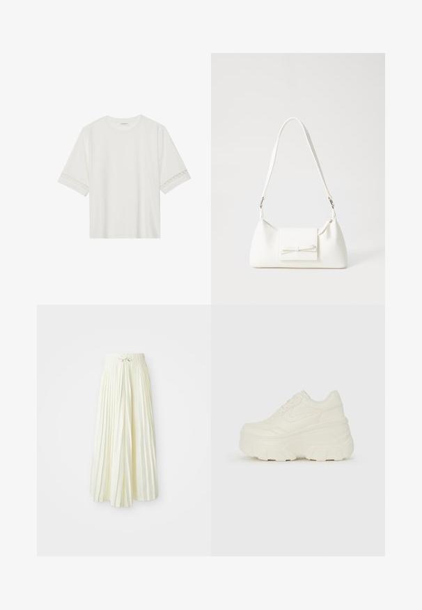 Valkoinen lyhythihainen t-paita, joka on valmistettu puuvillasta ja jossa on koristeellinen pitsireunus hihojen ympärillä sekä pyöreä pääntie.; Pleatattu midi-hame vaaleankeltaisesta kankaasta, jossa on joustava vyötärö ja nauhakiinnitys, sileä pinta ja pystysuorat raidat lisäyksityiskohtina.; Valkoiset tasapohjakengät, joissa on sileä nahkamainen päällinen, pyöristetty muoto, pehmustettu nilkkaosa ja texturoitu kumipohja, jossa on hyvin määritellyt urat.; Valkoinen synteettinen käsilaukku, jossa on kolmikulmainen muoto, tasainen etu läppä ja nauhadetail, säädettävä olkahihna, sileä rakenne ja minimalinen muotoilu.