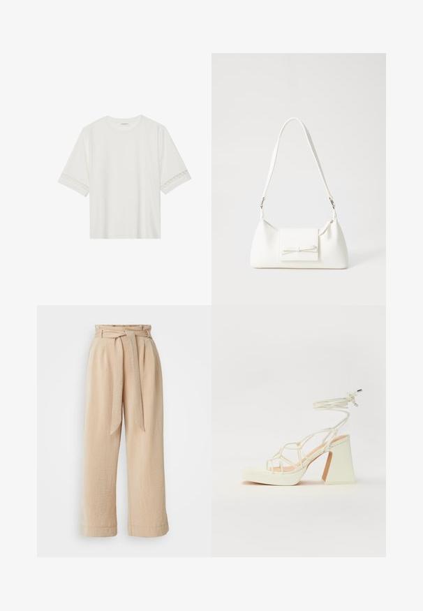 White short-sleeve t-shirt made from cotton, featuring decorative lace trim along the sleeves and a round neckline.; Beige wide-leg trousers with a belted waist, made of textured fabric. Features a front pleat and a smooth finish along the hem.; White high-heeled sandal with a chunky heel, featuring a strappy design and ankle tie. Smooth texture with a platform front for added height.; White synthetic handbag with a triangular shape, flat front flap and bow detail, adjustable strap, smooth texture, and minimalistic design.