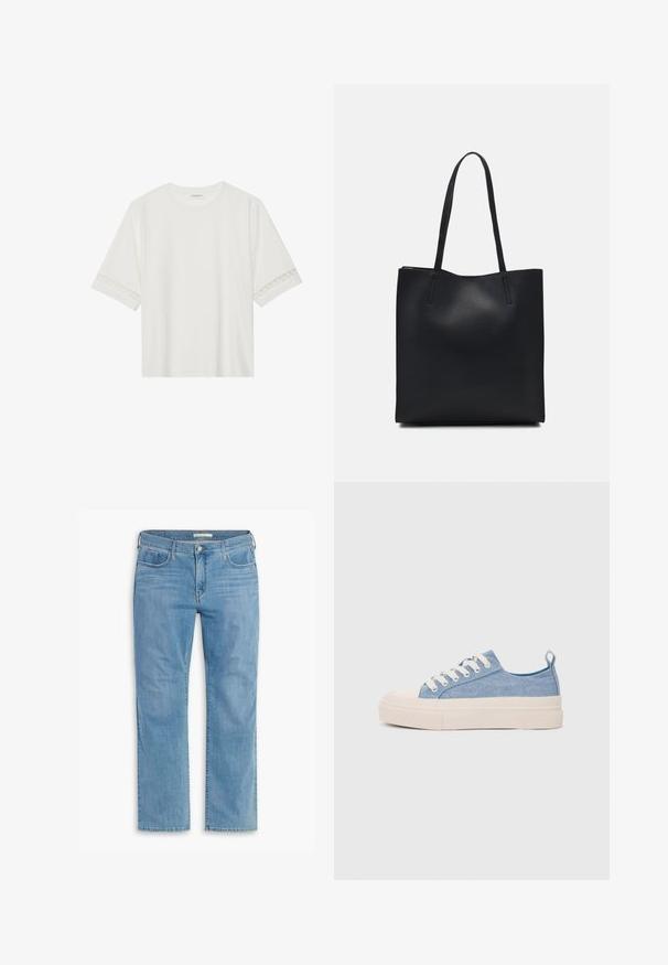 Hvit t-skjorte med kort erme laget av bomull, med dekorativ blondekant langs ermene og en rund halslinning.; Lyseblå rette jeans med fem lommer, knappe-lukking og beltestropper, laget av denim med en myk tekstur og subtil fading.; Lys blå canvastøfler med en kremfarget gummitupp og yttersåle, med hvite snørebånd og en løfteløkke på hælen.; Svart lær tote bag med glatt tekstur, rektangulær form og to lange håndtak. Ingen synlige deler eller dekorasjoner.