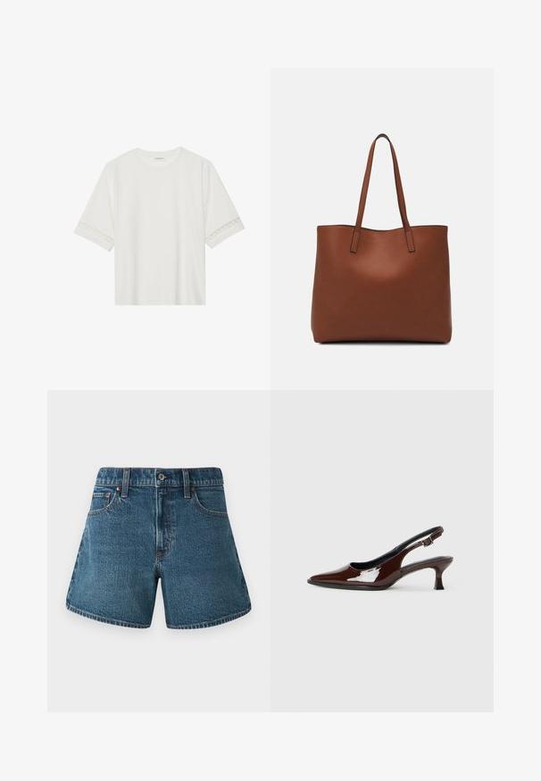 Fehér, rövid ujjas póló, pamutból készült, díszes csipkés szegéllyel az ujjak mentén és kerek nyakkivágással.; Középkék farmer rövidnadrág egyenes szabással, hagyományos öt zsebes kialakítással és kontrasztos varrással az éleken.; Barna lakkbőr slingback cipő hegyes orral és mérsékelt sarkal. Biztonságos illeszkedést biztosító csattal rendelkezik. Sima textúra.; Barna bőr vászontáska sima textúrával, nyitott tetejű dizájnnal és két vállpánttal. Minimális varrással és látható hardver nélkül készült.