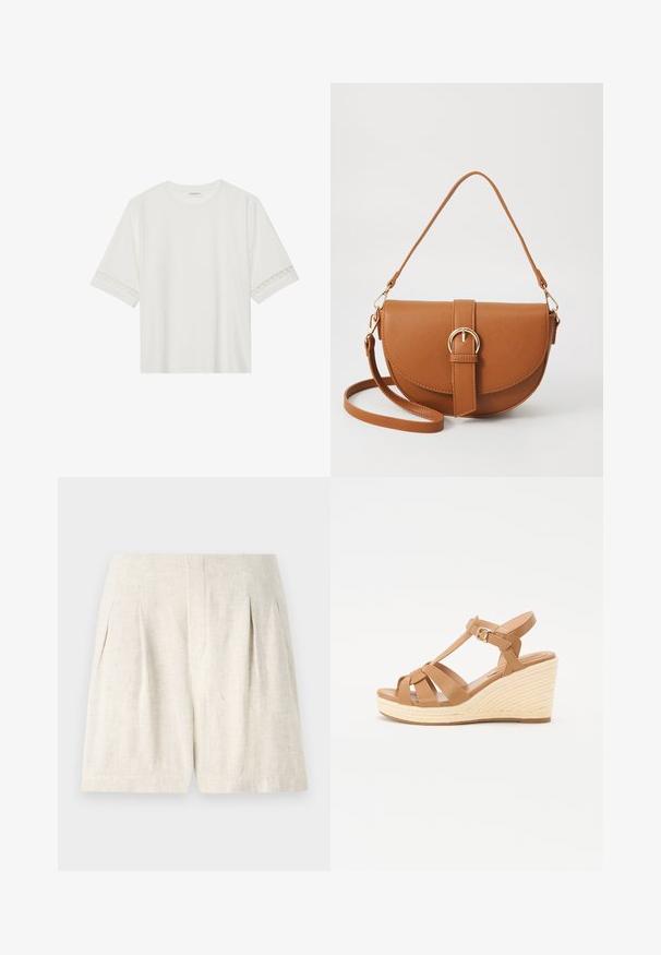 White short-sleeve t-shirt made from cotton, featuring decorative lace trim along the sleeves and a round neckline.; Light beige linen shorts with a tailored design, featuring pleats and a clean, straight cut. Smooth texture, no visible hardware or accents.; Tan wedge sandals featuring a cross-strap design, adjustable ankle buckle, and a textured woven espadrille-style wedge.; Brown leather crossbody bag with a curved shape, gold hardware, and a buckle accent. Features a detachable shoulder strap.