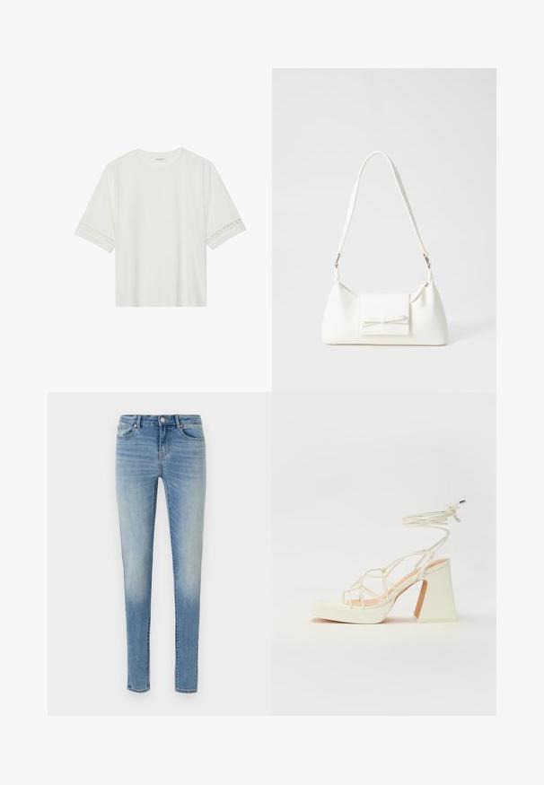 Camiseta blanca de manga corta hecha de algodón, con un ribete decorativo de encaje en las mangas y un escote redondo.; Jeans ajustados de mezclilla azul claro, con un lavado desgastado, diseño clásico de cinco bolsillos y cremallera con botón.; Sandalia de tacón alto blanca con un tacón grueso, que presenta un diseño de tiras y un lazo en el tobillo. Textura suave con una plataforma en la parte delantera para mayor altura.; Bolso sintético blanco con forma triangular, tapa frontal plana y detalle de lazo, correa ajustable, textura suave y diseño minimalista.