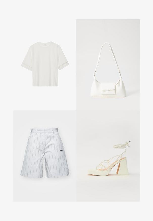 Vit kortärmad t-shirt i bomull, med dekorativa spetsdetaljer längs ärmarna och rund halsringning.; Vita, randiga shorts med en slät textur, bältesöglor och sidofickor. Har en liten svart logotyp på vänster sida.; Vit högklackad sandal med en kraftig klack, med ett remdesign och ankelband. Slät textur med en plattform framtill för ökad höjd.; Vit syntetisk handväska med triangulär form, platt framklaff och rosettdetalj, justerbar rem, slät textur och minimalistisk design.
