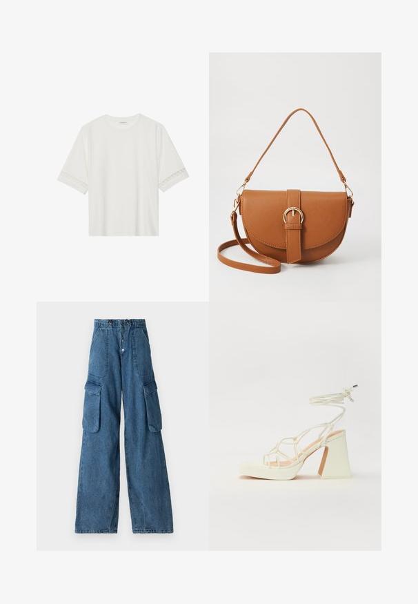 Balta īsām piedurknēm T-kreklu, izgatavotu no kokvilnas, ar dekoratīvu mežģīņu apdari ap piedurknēm un apaļu kakla izgriezumu.; Denim kargo bikses vidēji zilā krāsā ar augstu vidukli, platām kājām, divām sānu kabatām un priekšējo pogu aizdari.; Baltas augstpapēžu sandales ar masīvu papēdi, ar siksnu dizainu un potītes saistītiem elementiem. Gluda tekstūra ar platformu priekšpusē, lai nodrošinātu papildu augstumu.; Brūns ādas plecu soma ar izliekta formu, zelta piederumiem un sprādzes akcentu. Iesaiņota ar noņemamu plecu siksnu.