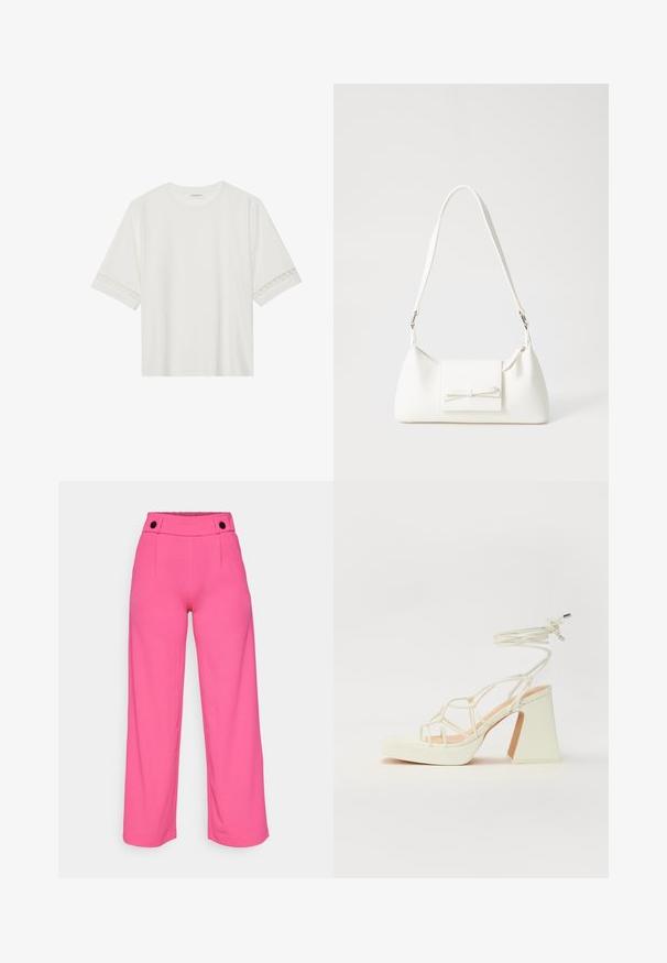 White short-sleeve t-shirt made from cotton, featuring decorative lace trim along the sleeves and a round neckline.; Bright pink wide-leg pants with a smooth texture, featuring a flat waistband and two black buttons at the front.; White high-heeled sandal with a chunky heel, featuring a strappy design and ankle tie. Smooth texture with a platform front for added height.; White synthetic handbag with a triangular shape, flat front flap and bow detail, adjustable strap, smooth texture, and minimalistic design.