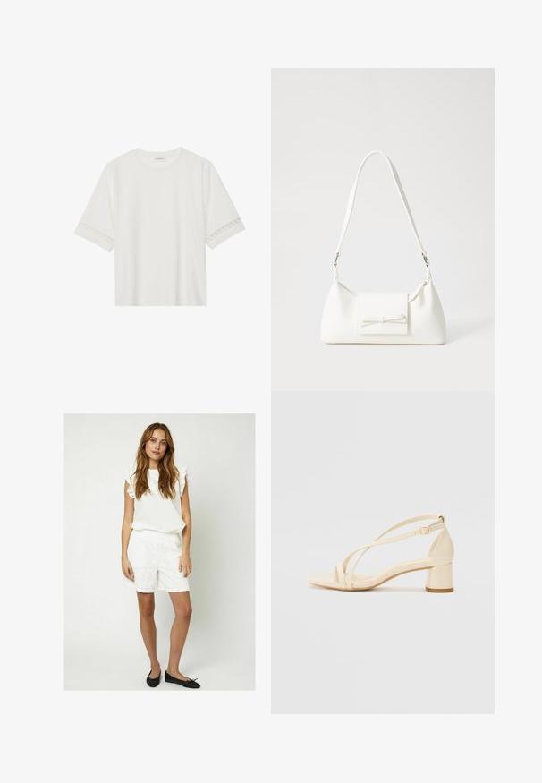 Weißes T-Shirt mit kurzen Ärmeln aus Baumwolle, mit dekorativem Spitzenbesatz entlang der Ärmel und einem runden Ausschnitt.; Moves PENSI - Shorts - snow white; Beige Sandalen mit Absatz, Blockabsatz, Riemchen-Design und verstellbarem Knöchelriemen, aus glattem synthetischem Material mit matter Oberfläche.; Weiße synthetische Handtasche in dreieckiger Form, flache Vorderklappe und Schleifendetail, verstellbarer Trageriemen, glatte Textur und minimalistisches Design.