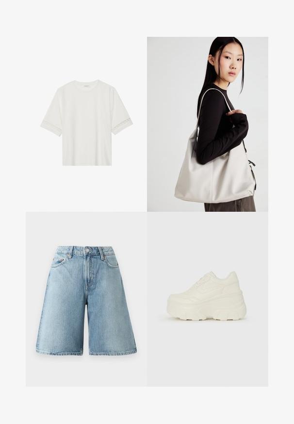Balta trumpomis rankovėmis marškinėliai, pagaminti iš medvilnės, su dekoratyviais nėriniais aplink rankoves ir apvaliu kaklu.; Šviesiai mėlynos džinsinės šortai, laisvo silueto, vidutinio aukščio juosmuo, penki kišenės ir kontrastingi siuvinėjimo detalės. Audinys turi švelnų paviršių.; Baltos platformos sportbačiai su lygiu odos primenančiu paviršiumi, apvalia forma, paminkštintu apykakle ir tekstūruotu guminiu padu su ryškiais protektoriais.; Bežinė rankinė, pagaminta iš minkštos medžiagos, turinti laisvą dizainą, siuvinėtas detalės ir dvi petnešos. Tinkama kasdieniam naudojimui.