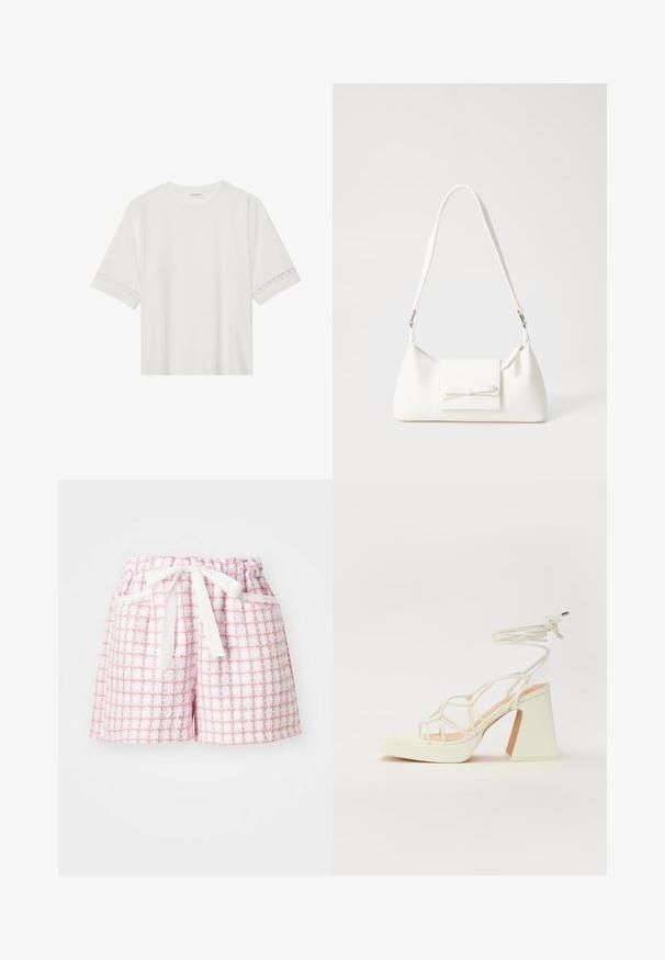 Tricou alb cu mânecă scurtă, confecționat din bumbac, cu dantelă decorativă pe marginea mânecilor și un guler rotund.; Shorts în carouri albe și roz, dintr-un material texturat, cu o talie elastică și o fundiță legată în față. Două buzunare laterale.; Sandale albe cu toc înalt și gros, cu un design cu curele și legătură la gleznă. Textură netedă, cu o platformă frontală pentru înălțime suplimentară.; Geantă sintetică albă, cu formă triangulară, capac frontal plat și detaliu cu fundă, curea ajustabilă, textură netedă și design minimalist.
