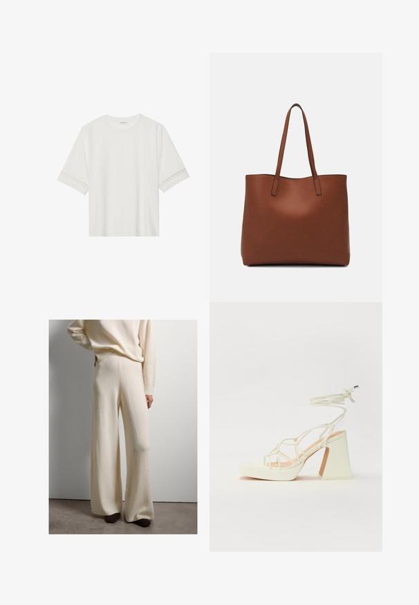 White short-sleeve t-shirt made from cotton, featuring decorative lace trim along the sleeves and a round neckline.; Wide-leg pants in soft white knit fabric, high-waisted with a smooth texture, featuring ribbed waistband and cuffs. Paired with dark shoes.; White high-heeled sandal with a chunky heel, featuring a strappy design and ankle tie. Smooth texture with a platform front for added height.; Brown leather tote bag with a smooth texture, open top design, and two shoulder straps. Features minimal stitching and no visible hardware.