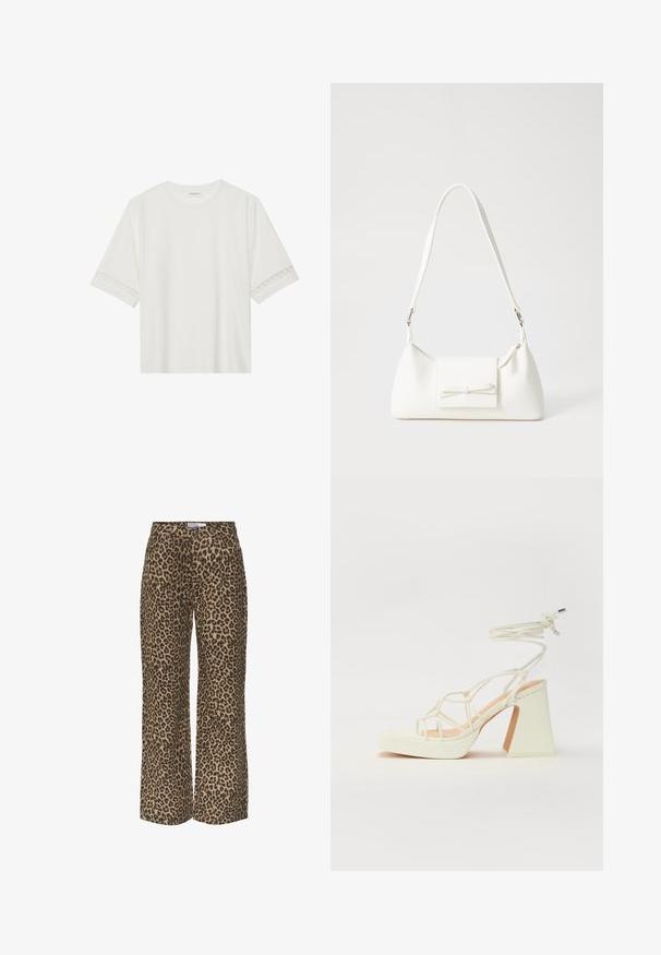 T-shirt blanc à manches courtes en coton, avec des bordures en dentelle décoratives le long des manches et un col rond.; Pantalons à larges jambes en imprimé léopard dans une palette de couleurs beige et noire, présentant une taille classique et une coupe décontractée et ample.; Sandale blanche à talons hauts avec un talon épais, présentant un design à lanières et un lien autour de la cheville. Texture lisse avec une plateforme à l'avant pour une hauteur supplémentaire.; Sac à main synthétique blanc en forme triangulaire, avec un rabat avant plat et un détail en nœud, une bandoulière ajustable, une texture lisse et un design minimaliste.
