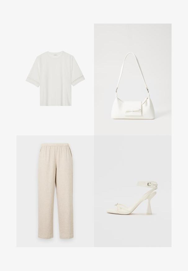 Camiseta blanca de manga corta hecha de algodón, con un ribete decorativo de encaje en las mangas y un escote redondo.; Pantalones de lino beige con cintura elástica, que cuentan con bolsillos laterales, piernas rectas y un acabado de tela texturizada.; Sandalía de tacón alto con tiras en cuero blanco, con un diseño elegante, un tacón bloque transparente y un elemento decorativo en la punta.; Bolso sintético blanco con forma triangular, tapa frontal plana y detalle de lazo, correa ajustable, textura suave y diseño minimalista.