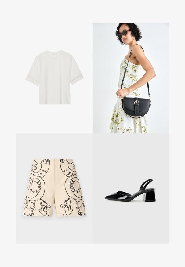 T-shirt blanc à manches courtes en coton, avec des bordures en dentelle décoratives le long des manches et un col rond.; Shorts beiges avec des motifs brodés noirs, mettant en avant des formes abstraites avec des contours. Fabriqués dans un tissu léger, offrant un style décontracté.; Escarpins en cuir verni noir avec bout pointu et talon bloc géométrique. Présente un design élégant et minimaliste ainsi qu'une texture lisse.; Sac à main en cuir noir avec une forme courbée, bandoulière amovible et des accessoires en or. Le sac est doté d'un rabat avec un détail de boucle.