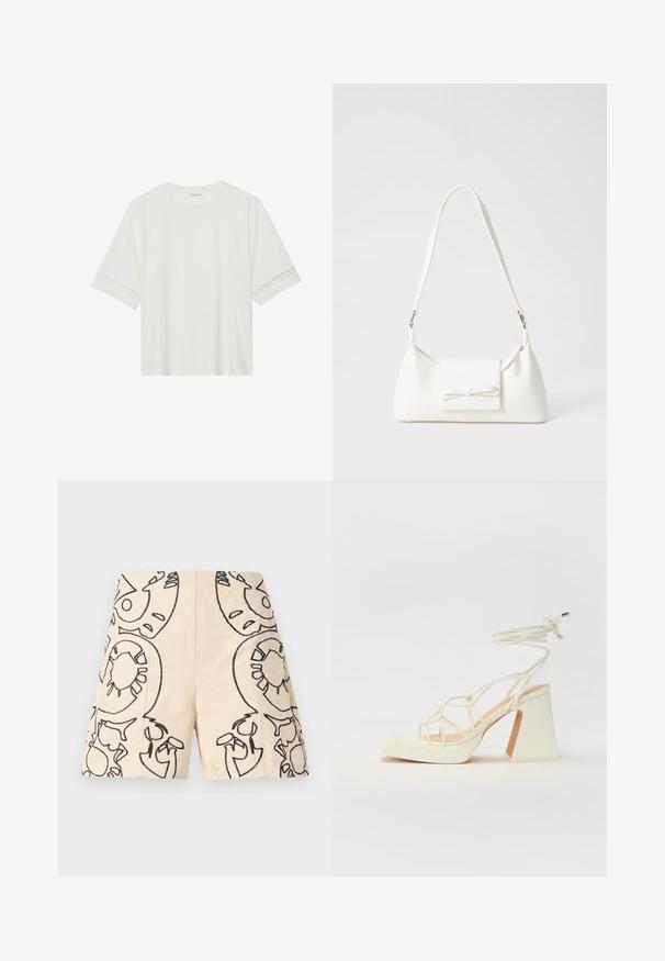 Camiseta blanca de manga corta hecha de algodón, con un ribete decorativo de encaje en las mangas y un escote redondo.; Bermudas beiges con diseños bordados en negro, exhibiendo formas abstractas con contornos. Elaboradas con una tela ligera, que ofrece un estilo casual.; Sandalia de tacón alto blanca con un tacón grueso, que presenta un diseño de tiras y un lazo en el tobillo. Textura suave con una plataforma en la parte delantera para mayor altura.; Bolso sintético blanco con forma triangular, tapa frontal plana y detalle de lazo, correa ajustable, textura suave y diseño minimalista.