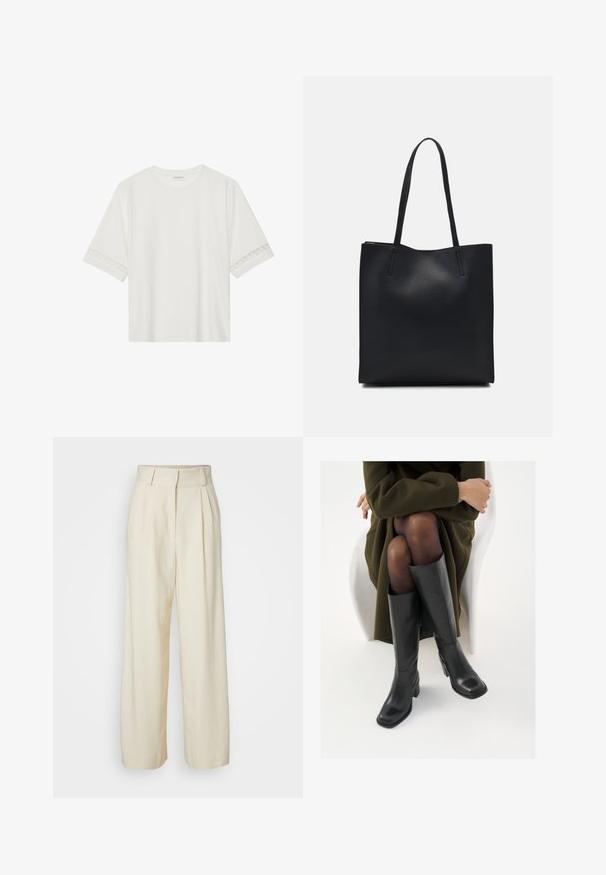 Valge lühikese varrukaga T-särk, mis on valmistatud puuvillast, kaunistatud pitsiga varrukate ääres ja ümmarguse kaelusega.; Kreemikat värvi, laiad püksid kõrge vöökohaga, ees põlveplekkidega ja siledat tekstuuri. Lihtne, puhas disain, ilma mustriteta.; Knee-high mustad nahast saapad nelinurkse varbaga ja plokilise kontsaga, esitatud mudeli kõrval, kes istub oliivirohelises mantlis. Sujuv tekstuur, minimaalne detailide arv.; Mustast nahast kott sujuva tekstuuriga, ristkülikukujuline ja kahe pika sangaga. Pole nähtavat riistvara ega kaunistusi.