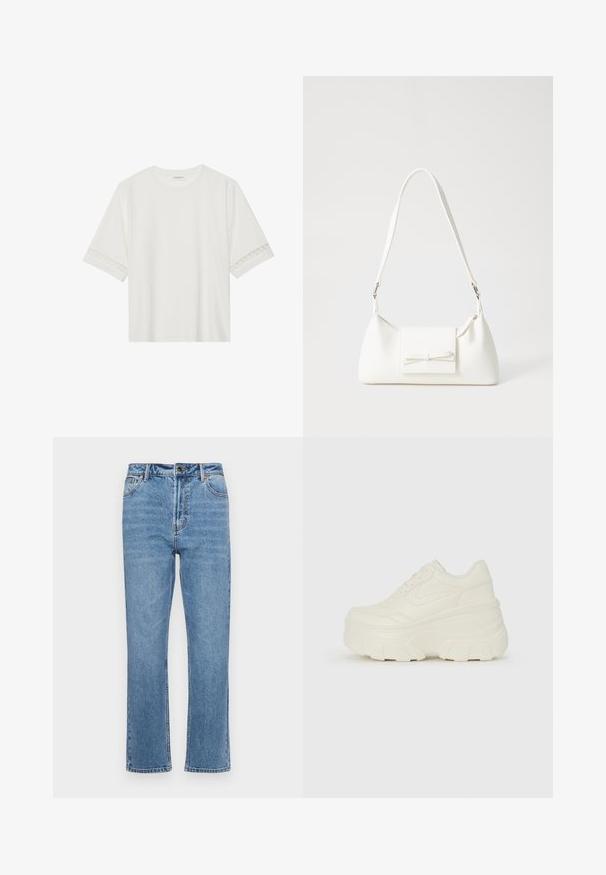 T-shirt bianco a maniche corte in cotone, con bordi in pizzo decorativi lungo le maniche e scollo rotondo.; Jeans in denim azzurro chiaro con taglio dritto, design a cinque tasche, chiusura con bottone frontale e leggera scoloritura sul tessuto.; Sneakers bianchi con piattaforma, caratterizzati da una parte superiore simile alla pelle liscia, forma arrotondata, collo imbottito e suola in gomma testurizzata con scanalature ben definite.; Borsa sintetica bianca a forma triangolare, con patta anteriore piatta e dettaglio a fiocco, tracolla regolabile, texture liscia e design minimalista.