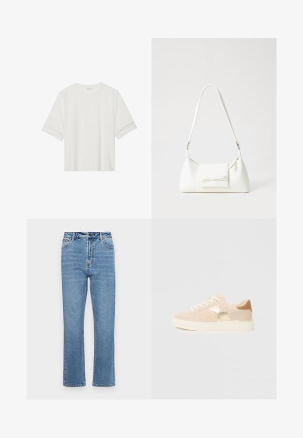 Tricou alb cu mânecă scurtă, confecționat din bumbac, cu dantelă decorativă pe marginea mânecilor și un guler rotund.; Jeans din denim de culoare albastră deschisă, cu croială dreaptă, design cu cinci buzunare, închidere frontală cu buton și ușoară decolorare pe material.; Adidași bej cu un design din materiale diverse, având accente pufoase, detalii metalice și un spate texturat, montat pe o talpă albă.; Geantă sintetică albă, cu formă triangulară, capac frontal plat și detaliu cu fundă, curea ajustabilă, textură netedă și design minimalist.