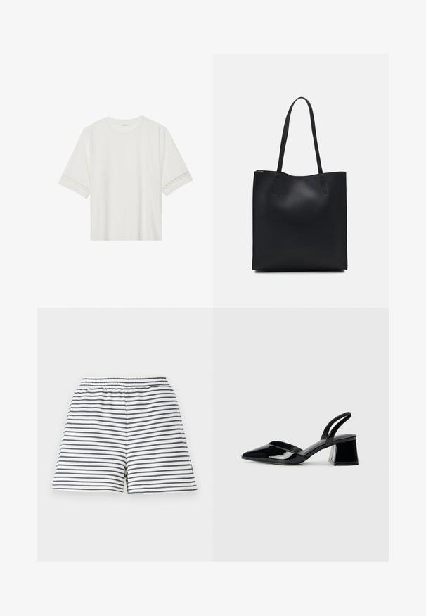 Camiseta blanca de manga corta hecha de algodón, con un ribete decorativo de encaje en las mangas y un escote redondo.; Pantalones cortos a rayas con una combinación de colores en blanco y azul marino, cinturilla elástica, material de algodón suave y un corte relajado.; Zapatos de tacón slingback de charol negro con punta afilada y tacón geométrico en bloque. Presentan un diseño elegante y minimalista, así como una textura suave.; Bolso tote de cuero negro con textura lisa, forma rectangular y dos asas largas. Sin herrajes ni adornos visibles.