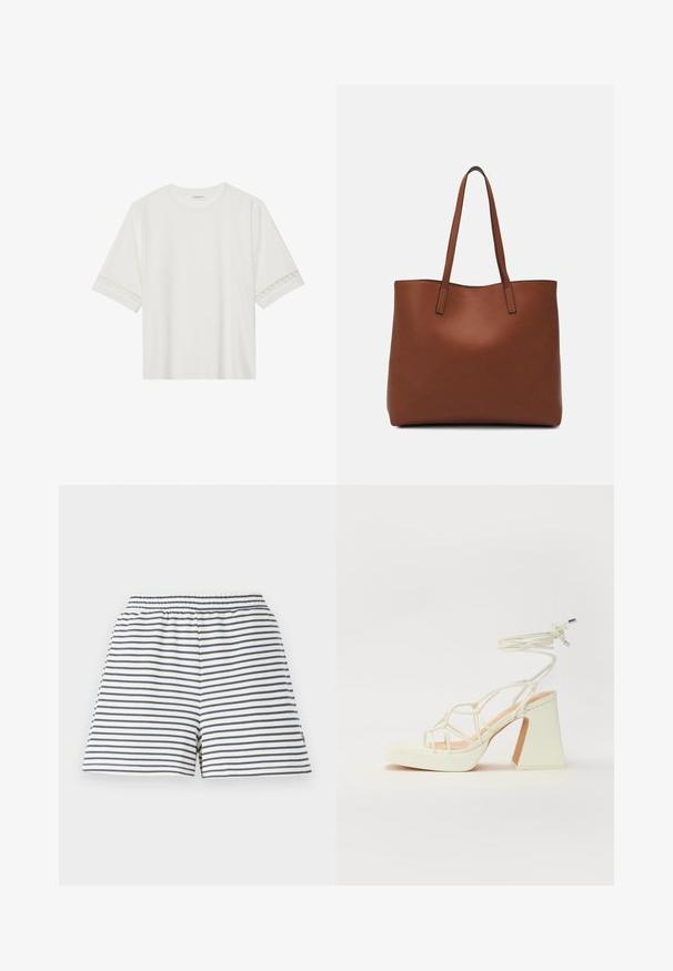 Bela kratka majica s kratkimi rokavi iz bombaža, okrašena z dekorativnim čipkastim robom ob rokavih in okroglo izrezom.; Črtaste kratke hlače z belo in mornarsko barvno shemo, elastičnim pasom, mehkimi bombažnimi materiali in sproščenim krojem.; Bela sandala na visokih petah s debelim petam, ki ima obliko trakcev in vezanje okoli gležnja. Gladka tekstura z platformo spredaj za dodatno višino.; Rjava usnjena torba z gladko teksturo, odprto zasnovo zgoraj in dvema naramnima trakovoma. Opremljena je z minimalnim šivanjem in brez vidnih kovinskih delov.