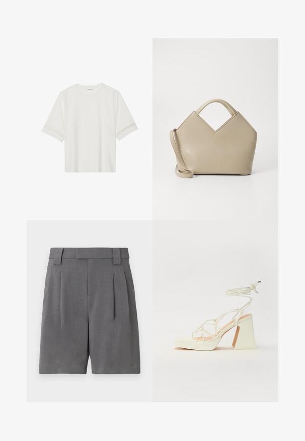 Bílé tričko s krátkým rukávem vyrobené z bavlny, s dekorativní krajkovou aplikací na rukávech a kulatým výstřihem.; Šedé kalhoty na míru, vyrobené z jemně strukturované tkaniny. Mají přední sklady, poutka na opasek a boční kapsy pro vysoce formální vzhled.; Bílé sandály na vysokém podpatku s robustním podpatkem, s designem s pásky a zavazováním kolem kotníku. Hladký povrch s platformou vpředu pro zvýšení výšky.; Béžová strukturovaná kabelka s V-tvarovaným vrchem, hladkou koženou strukturou, krátkými rukojetmi a dlouhým nastavitelným popruhem. Minimalistický design.