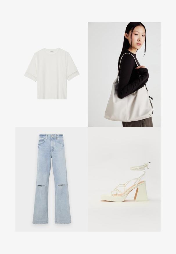 Bjela majica kratkih rukava od pamuka, s dekorativnom čipkastom obrubom duž rukava i okruglim izrezom.; Svijetloplave široke traperice s izrezima na koljenima, visoki struk i klasični dizajn s pet džepova. Izrađene od denima s mekom teksturom.; Bijela sandala na visokoj potpetici s debelim petom, s remenom i vezanjem oko gležnja. Glatka tekstura s platformom sprijeda za dodatnu visinu.; Bežna torba od mekog materijala s opuštenim dizajnom, šivanim detaljima i dva remena za rame. Pogodna za svakodnevnu upotrebu.