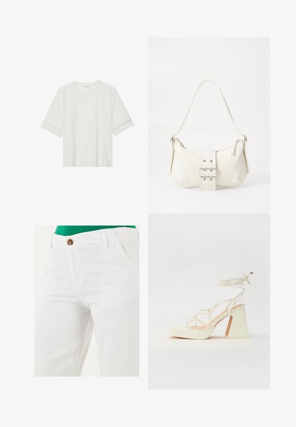 Fehér, rövid ujjas póló, pamutból készült, díszes csipkés szegéllyel az ujjak mentén és kerek nyakkivágással.; LELA REGULAR FIT - Nadrágok - white; Fehér, magassarkú szandál vastag sarokkal, pántos dizájnnal és bokapánttal. Sima textúra, elülső platformmal a megnövelt magasság érdekében.; Fehér válltáska texturált felülettel, középen csattogó részlettel és íves formával. Cipzáras záródás mindkét oldalon.