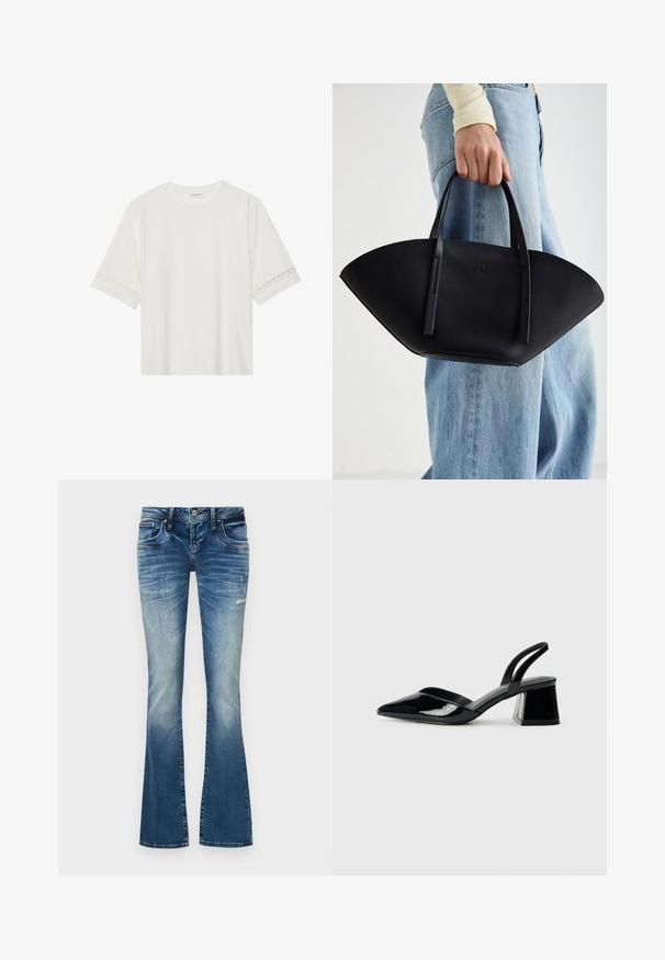 T-shirt branco de manga curta feito de algodão, com bainha de renda decorativa nas mangas e decote redondo.; Jeans de ganga azul com detalhes desbotados e desgastados, fecho frontal com botão e zipper, e design de cinco bolsos.; Sandy em verniz preto com salto slingback, ponta afilada e salto geométrico. Apresenta um design elegante e minimalista com textura suave.; Bolsa de mão em couro preto com uma forma única em leque, apresentando alças planas. A superfície tem uma textura pebble e um design minimalista.