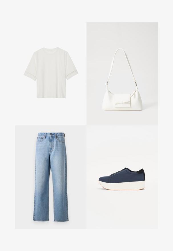 White short-sleeve t-shirt made from cotton, featuring decorative lace trim along the sleeves and a round neckline.; Light blue denim jeans with a straight-leg design, featuring a button closure, belt loops, and subtle fading in the fabric texture.; Navy blue sneaker with a textured fabric upper, white platform sole, rounded toe, and black heel accent. Features six eyelets for laces.; White synthetic handbag with a triangular shape, flat front flap and bow detail, adjustable strap, smooth texture, and minimalistic design.